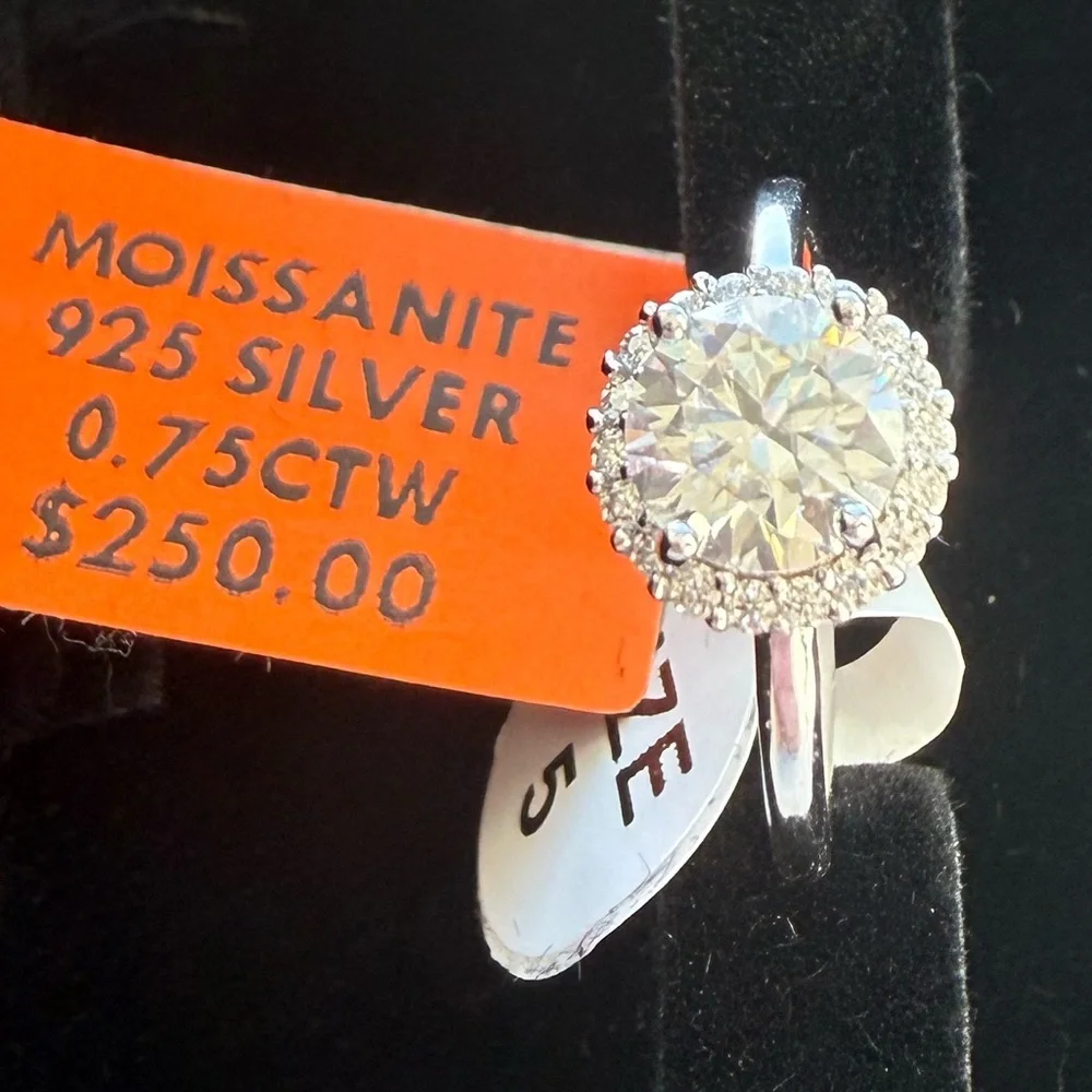 Moissanite Halo Ring – Rhodium Plated 925 Sterling Silver | Size 5